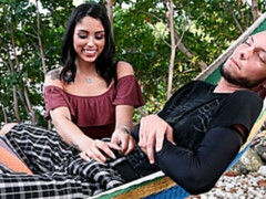 Playful brunette with nice ass Vanessa Sky jumps on a long penis