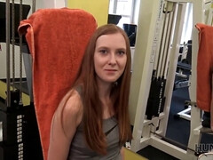 Magnificent chick gives trimmed vagina for cash in the gym