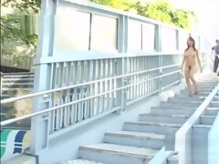 Subtitled busty Japanese public nudist goes for a walk