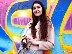 College art student with natural tits gives a stranger's huge cock a hand in exchange for cash