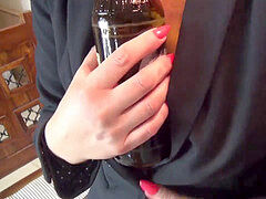 Beer drinking handjob with jism on nylons
