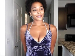 Amateur ebony babe with beautiful black tits gives POV blowjob to dildo and rides it - homemade solo