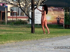 Nude and barefoot exhibitionist mom flashing in downtown