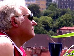 Pigtailed brunette to ride old man cock