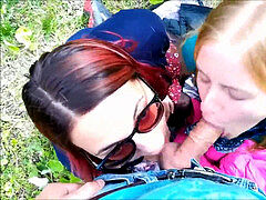 two women sucking dick outdoor and share cum facial cumshot