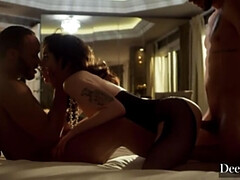 Gros cul, Grosse bite, Brunette brune, Gorge profonde, Double pénétration, Hd, Jarretelles, Tatouage