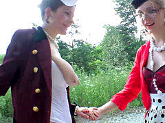 レズビアン, アウトドア, ストッキング