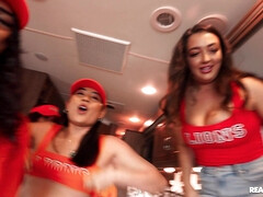 Crazy College GFs: Horny Cheerleaders Traveling Fan Fuck Fest with Brunette Emerald Loves - Threesome Orgy