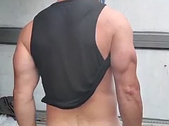 Grote lul, Sperma shot, Sportzaal, Masturbatie, Spier, Olie, Douche, Alleen