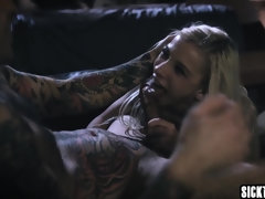 Slutty blonde jumped on a tattooed guy with huge cock