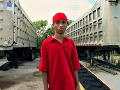 Bushy black twink outdoor fucked by white top for cash