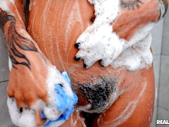 素人, 浴室, デカチン, デカパイ, バック, 顔射, ハードコア, タトゥー