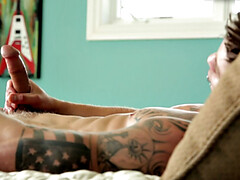 Pierced muscular jock tugging his in solo close up