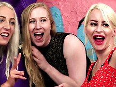 Blonde CFNM mistresses humiliate and tug on bound subs' dong in high heels and dress