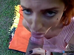 18, デカパイ, フェラチオ, アウトドア, 赤毛, ガリガリ, ティーン, オッパイの