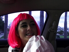 Pink-haired girl with braces finds comfort and good cock in car