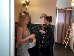 美女, チン, ドイツ人, 自家製, オマンコ, ストッキング, 三人, 締まりの良い