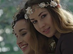 Small tits brunette MILFs Sophie Ka and Gloria Saul posed naked in the pool