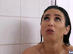 Lesbian threesome, after shower, three way