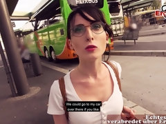 Amateur, Allemand, Lunettes, De plein air, Pov, Public, Étudiant, Adolescente