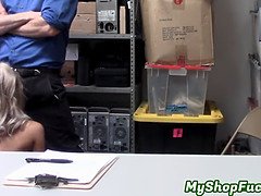 Watch this blonde thief pay her price for her shoplifting by taking on a big hard cock in every hole