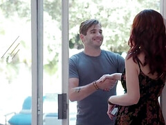 美女, デカチン, デカパイ, フェラチオ, ズームショット, プール, 赤毛, ストッキング