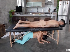 Curvaceous masseuse with big tits gets fucked by tattooed stallion