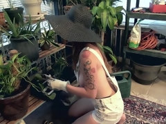 Leila Larson strips nude after some gardening work