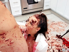 Blasen, Braunhaarige, Spermaladung, Fetisch, Handjob, Küche, Muschi, Titten