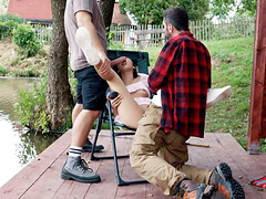 Blasen, Lecken, Zierlich, Muschi, Rasiert, Flotter dreier, Titten