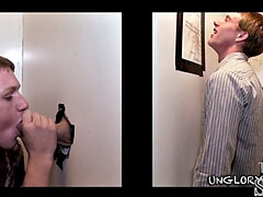 athletic straight guy gets his cock sucked at the glory hole by a skinny eager twink