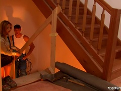 Blond, Hondjeshouding, Natuurlijk, Natuurlijke tieten, Slipje, Satijn, Douche, Zuigen