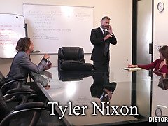 Calvin Hardy's shaved pussy gets deep throated in the conference room
