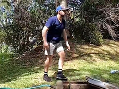 The pool boy and the curious fellow are doing it poolside