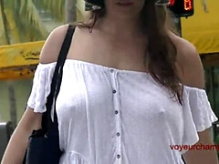 Exhibitionist Wife 490 - MILF Heather Walking Around Town In Wet White Top! Lets A Stranger Touch Her Tit And Take Pics Up Her Skirt!