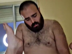 Threesome of hairy fat men suck each others cocks and fuck each other bareback