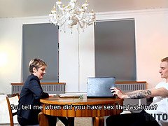 Tutor with short hair nailed by student in several hot poses