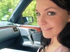 Joyful Euro brunette rewards kind driver with blowjob