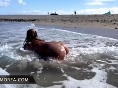 Enthousiasteling, Strand, Grote mammen, Vrouw, Fetisj, Flashing, Kut duiken, Bekijker
