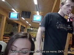 Ornella Morgan's rich boyfriend gives her a blowjob in bowling alley and cuckolds her while she watches in disbelief