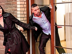 Sucer une bite, Brunette brune, Embrassement, Léchez, Seins naturels, Chatte, Rasée, Jarretelles