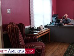 Boss Brandi Love gives employee a big fake titted lingerie present to remember him by