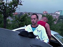 Cum through car window on girl's face in public sex gangbang