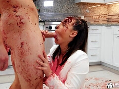 お尻, 茶髪の, バック, フェティッシュ, 食べ物, 開帳, キッチン, 現実