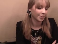 Pig tailed honey gets rammed in the bathroom by two horny men