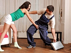 Curly-haired brunette Henessy jumps on a long penis in the cowgirl pose