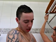 Mature Caroline wants anal sex in the bathroom with her stepson