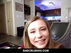 Stepdad bangs blonde stepdaughter to orgasm in stepmom's lingerie POV