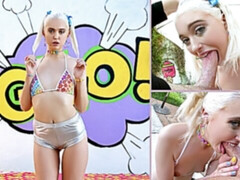 Bikini, Blonde, Sucer une bite, Éjaculer dans la bouche, Tir de sperme, Faciale, Béant, Nénés