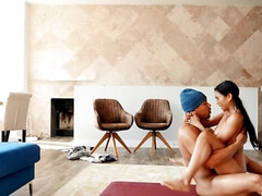 Twin-tailed Asian minx rides partner's black bulge on the floor